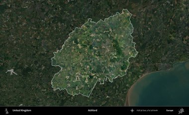 Ashford. Birleşik Krallık 'ın idari alanı karartılmış bir uydu üzerinde vurgulanmış ve özetlenmiştir.
