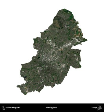 Birmingham. Birleşik Krallık 'ın idari alanı uydudan beyaza izole edildi.