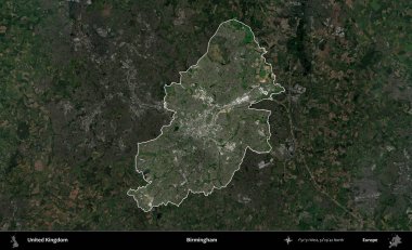 Birmingham. Birleşik Krallık 'ın idari alanı karartılmış bir uydu üzerinde vurgulanmış ve özetlenmiştir.