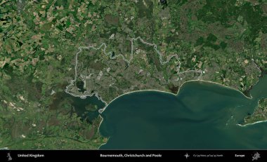 Bournemouth, Christchurch ve Poole. Birleşik Krallık 'ın idari bölgesini A uydusundan gösteren bir görüntü.