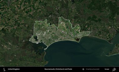 Bournemouth, Christchurch ve Poole. Birleşik Krallık 'ın idari alanı karartılmış bir uydu üzerinde vurgulanmış ve özetlenmiştir.
