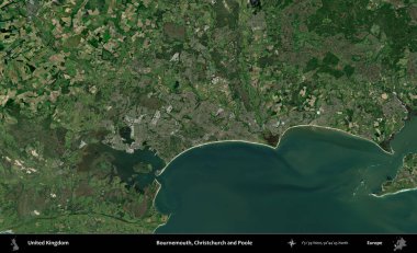 Bournemouth, Christchurch ve Poole. Birleşik Krallık 'ın idari alanı bir uydu görüntüsü üzerinde