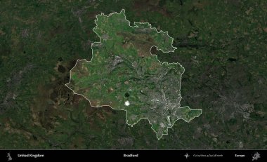 Bradford. Birleşik Krallık 'ın idari alanı karartılmış bir uydu üzerinde vurgulanmış ve özetlenmiştir.
