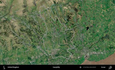 Caerphilly 'de. Birleşik Krallık 'ın idari bölgesini A uydusundan gösteren bir görüntü.