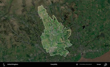 Caerphilly 'de. Birleşik Krallık 'ın idari alanı karartılmış bir uydu üzerinde vurgulanmış ve özetlenmiştir.