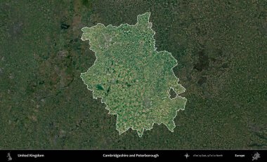 Cambridgeshire ve Peterborough. Birleşik Krallık 'ın idari alanı karartılmış bir uydu üzerinde vurgulanmış ve özetlenmiştir.