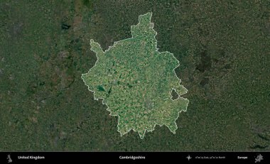 Cambridgeshire. Birleşik Krallık 'ın idari alanı karartılmış bir uydu üzerinde vurgulanmış ve özetlenmiştir.
