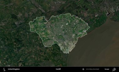 Cardiff. Birleşik Krallık 'ın idari alanı karartılmış bir uydu üzerinde vurgulanmış ve özetlenmiştir.