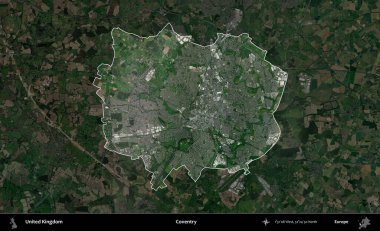 Coventry. Birleşik Krallık 'ın idari alanı karartılmış bir uydu üzerinde vurgulanmış ve özetlenmiştir.