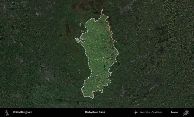 Derbyshire Dales. Birleşik Krallık 'ın idari alanı karartılmış bir uydu üzerinde vurgulanmış ve özetlenmiştir.