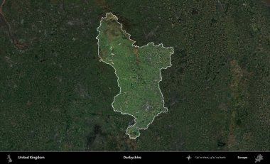 Derbyshire 'da. Birleşik Krallık 'ın idari alanı karartılmış bir uydu üzerinde vurgulanmış ve özetlenmiştir.