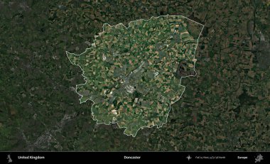 Doncaster 'da. Birleşik Krallık 'ın idari alanı karartılmış bir uydu üzerinde vurgulanmış ve özetlenmiştir.