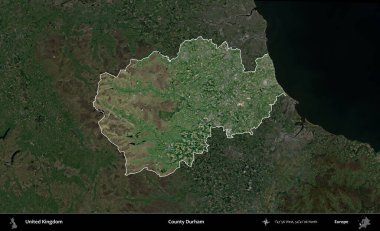 Durham ilçesi. Birleşik Krallık 'ın idari alanı karartılmış bir uydu üzerinde vurgulanmış ve özetlenmiştir.