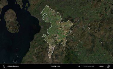Doğu Ayrshire. Birleşik Krallık 'ın idari alanı karartılmış bir uydu üzerinde vurgulanmış ve özetlenmiştir.