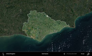 Doğu Sussex. Birleşik Krallık 'ın idari alanı karartılmış bir uydu üzerinde vurgulanmış ve özetlenmiştir.