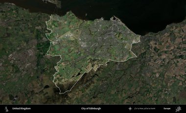 Edinburgh şehri. Birleşik Krallık 'ın idari alanı karartılmış bir uydu üzerinde vurgulanmış ve özetlenmiştir.