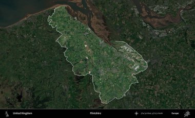Flintshire 'da. Birleşik Krallık 'ın idari alanı karartılmış bir uydu üzerinde vurgulanmış ve özetlenmiştir.