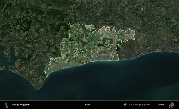 Arun. Birleşik Krallık 'ın idari alanı karartılmış bir uydu üzerinde vurgulanmış ve özetlenmiştir.