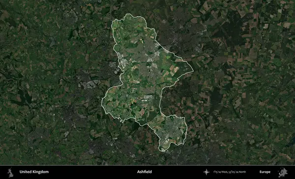 Ashfield. Birleşik Krallık 'ın idari alanı karartılmış bir uydu üzerinde vurgulanmış ve özetlenmiştir.