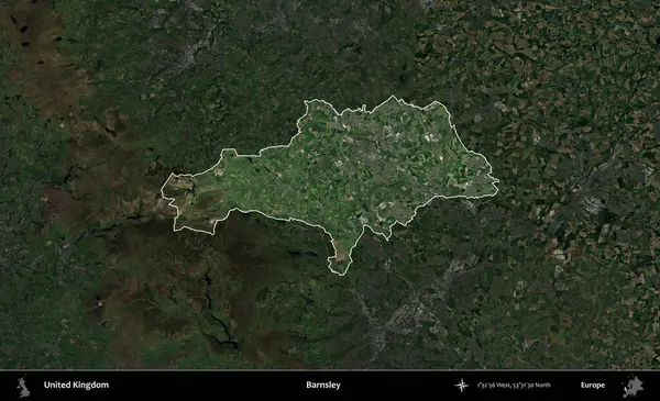 Barnsley. Birleşik Krallık 'ın idari alanı karartılmış bir uydu üzerinde vurgulanmış ve özetlenmiştir.