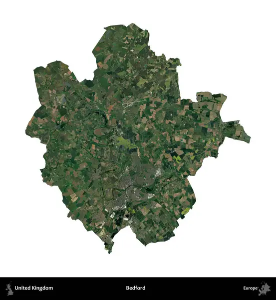 Bedford. Birleşik Krallık 'ın idari alanı uydudan beyaza izole edildi.