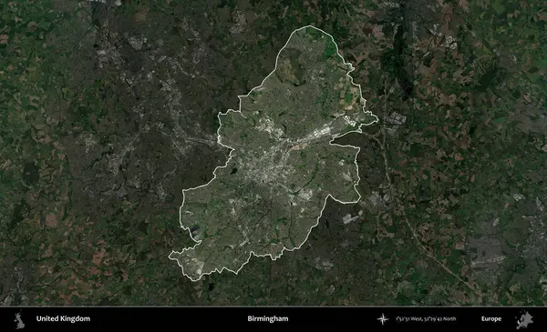 Birmingham. Birleşik Krallık 'ın idari alanı karartılmış bir uydu üzerinde vurgulanmış ve özetlenmiştir.