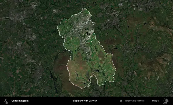 Blackburn ve Darwen. Birleşik Krallık 'ın idari alanı karartılmış bir uydu üzerinde vurgulanmış ve özetlenmiştir.