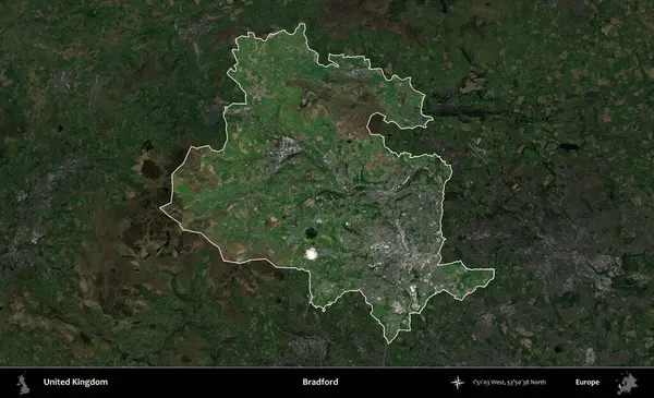 Bradford. Birleşik Krallık 'ın idari alanı karartılmış bir uydu üzerinde vurgulanmış ve özetlenmiştir.