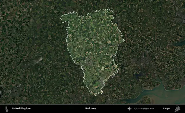 Braintree. Birleşik Krallık 'ın idari alanı karartılmış bir uydu üzerinde vurgulanmış ve özetlenmiştir.