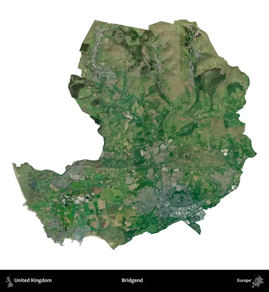 Bridgend. Birleşik Krallık 'ın idari alanı uydudan beyaza izole edildi.
