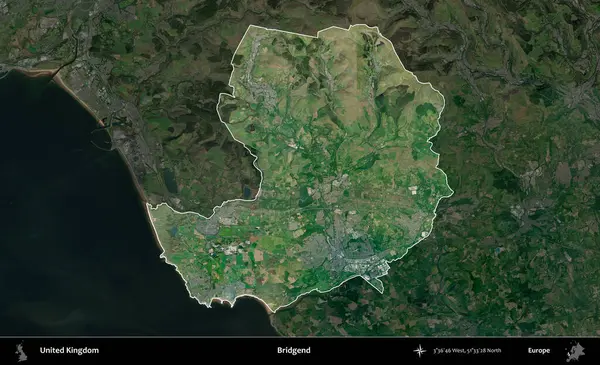 Bridgend. Birleşik Krallık 'ın idari alanı karartılmış bir uydu üzerinde vurgulanmış ve özetlenmiştir.