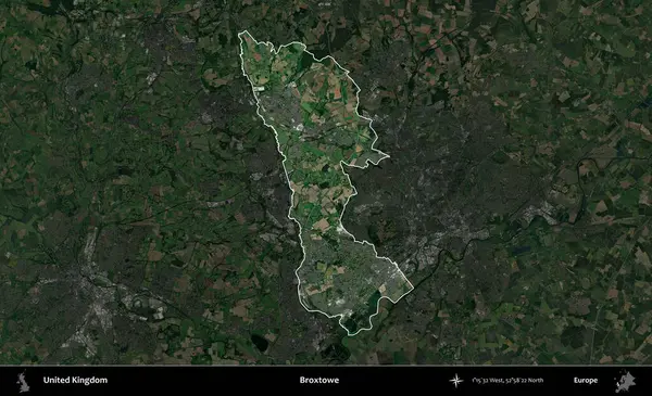Broxtowe. Birleşik Krallık 'ın idari alanı karartılmış bir uydu üzerinde vurgulanmış ve özetlenmiştir.