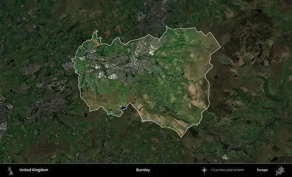 Burnley. Birleşik Krallık 'ın idari alanı karartılmış bir uydu üzerinde vurgulanmış ve özetlenmiştir.