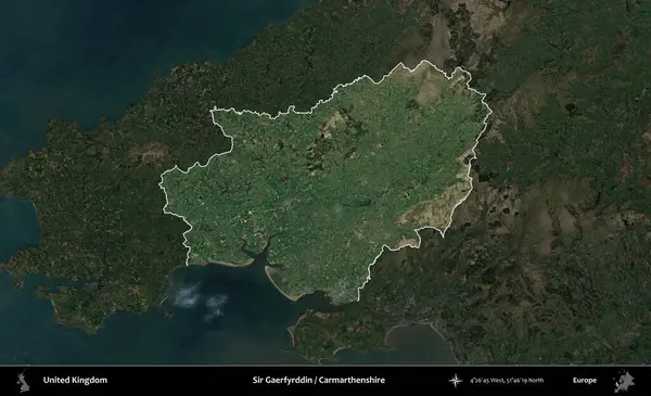 Sör Gaerfyrddin / Carmarthenshire. Birleşik Krallık 'ın idari alanı karartılmış bir uydu üzerinde vurgulanmış ve özetlenmiştir.