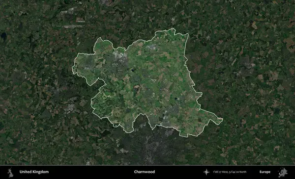 Charnwood 'da. Birleşik Krallık 'ın idari alanı karartılmış bir uydu üzerinde vurgulanmış ve özetlenmiştir.