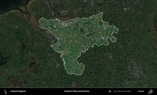 Cheshire West ve Chester. Birleşik Krallık 'ın idari alanı karartılmış bir uydu üzerinde vurgulanmış ve özetlenmiştir.