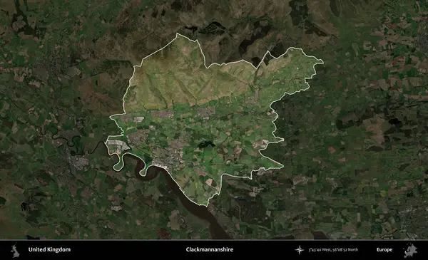 Clackmannanshire. Birleşik Krallık 'ın idari alanı karartılmış bir uydu üzerinde vurgulanmış ve özetlenmiştir.