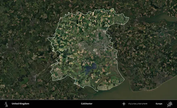 Colchester 'da. Birleşik Krallık 'ın idari alanı karartılmış bir uydu üzerinde vurgulanmış ve özetlenmiştir.