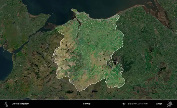 Conwy. Birleşik Krallık 'ın idari alanı karartılmış bir uydu üzerinde vurgulanmış ve özetlenmiştir.