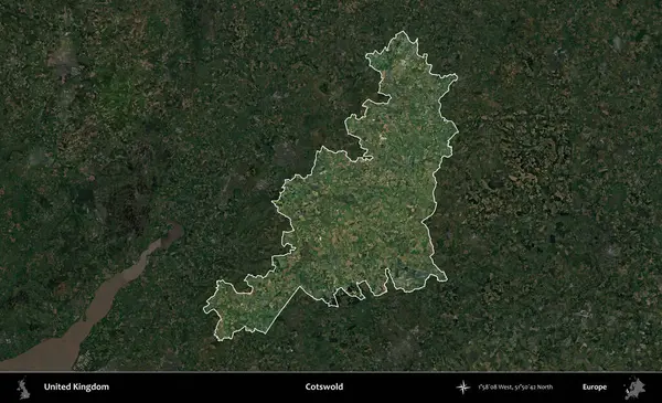 Cotswold. Birleşik Krallık 'ın idari alanı karartılmış bir uydu üzerinde vurgulanmış ve özetlenmiştir.
