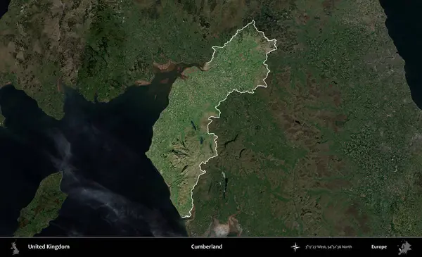 Cumberland. Birleşik Krallık 'ın idari alanı karartılmış bir uydu üzerinde vurgulanmış ve özetlenmiştir.