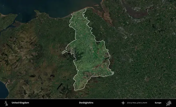 Denbighshire 'da. Birleşik Krallık 'ın idari alanı karartılmış bir uydu üzerinde vurgulanmış ve özetlenmiştir.
