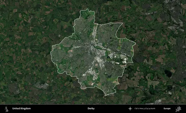 Derbi. Birleşik Krallık 'ın idari alanı karartılmış bir uydu üzerinde vurgulanmış ve özetlenmiştir.