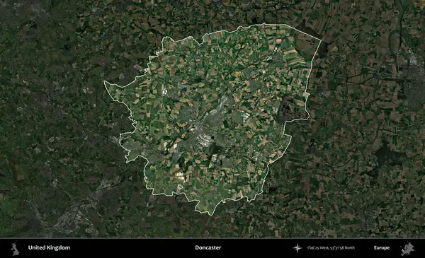 Doncaster 'da. Birleşik Krallık 'ın idari alanı karartılmış bir uydu üzerinde vurgulanmış ve özetlenmiştir.
