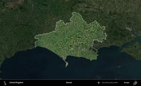 Dorset. Birleşik Krallık 'ın idari alanı karartılmış bir uydu üzerinde vurgulanmış ve özetlenmiştir.