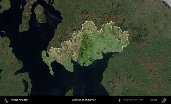 Dumfries ve Galloway. Birleşik Krallık 'ın idari alanı karartılmış bir uydu üzerinde vurgulanmış ve özetlenmiştir.