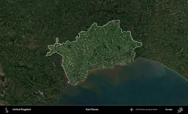Doğu Devon. Birleşik Krallık 'ın idari alanı karartılmış bir uydu üzerinde vurgulanmış ve özetlenmiştir.