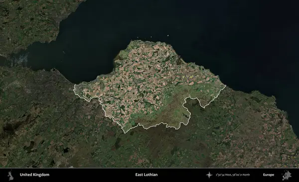 Doğu Lothian. Birleşik Krallık 'ın idari alanı karartılmış bir uydu üzerinde vurgulanmış ve özetlenmiştir.