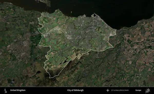 Edinburgh şehri. Birleşik Krallık 'ın idari alanı karartılmış bir uydu üzerinde vurgulanmış ve özetlenmiştir.