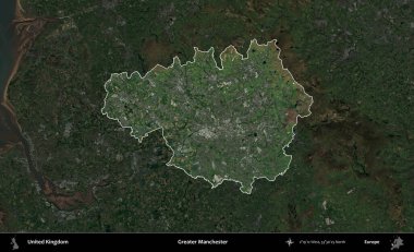 Daha büyük Manchester. Birleşik Krallık 'ın idari alanı karartılmış bir uydu üzerinde vurgulanmış ve özetlenmiştir.